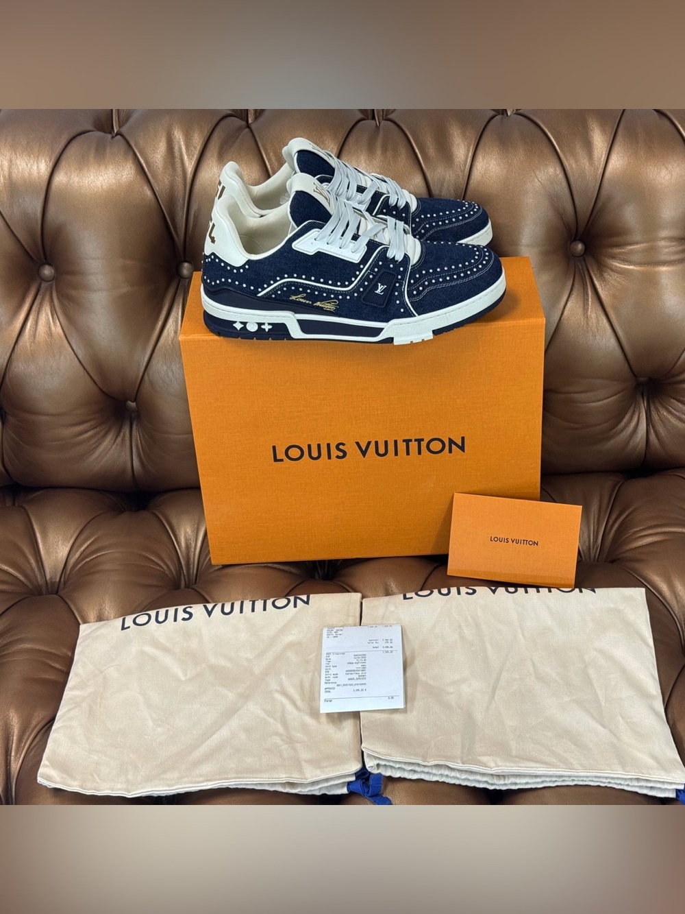 Louis Vuitton LV Trainer Sneaker 1AJ517 Swarovski™ pearls Indigo Blue SIZE 8.5 - Picture 2 of 14